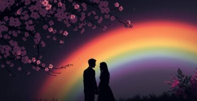 虹を背景にしたカップルの画像。画像では彼らのシルエットだけが見える