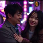 紫色の光の中で抱き合って微笑んでいるカップルの画像が、画像に独特のスタイルを与えています。