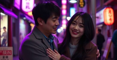 紫色の光の中で抱き合って微笑んでいるカップルの画像が、画像に独特のスタイルを与えています。