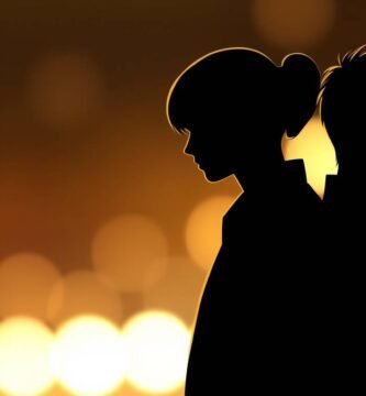 背景のぼやけた光の中にカップルの影とシルエットが映っている画像