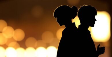 背景のぼやけた光の中にカップルの影とシルエットが映っている画像