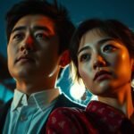 怒った顔で空を見つめるカップルのクローズアップ画像