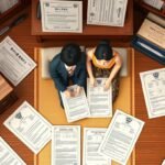 書類や書類が散乱した部屋に座っているカップルを上から見たショット。