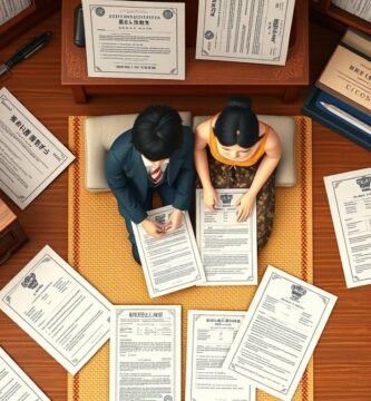 書類や書類が散乱した部屋に座っているカップルを上から見たショット。