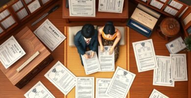 書類や書類が散乱した部屋に座っているカップルを上から見たショット。