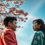 空と虹を背景に見つめ合うカップルの画像