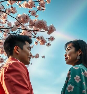 空と虹を背景に見つめ合うカップルの画像