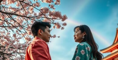 空と虹を背景に見つめ合うカップルの画像