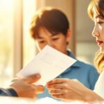 書類を受け取っているカップルの画像。画像には白い枠があり、明るくなっている。