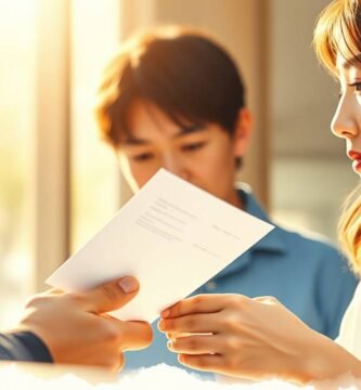 書類を受け取っているカップルの画像。画像には白い枠があり、明るくなっている。