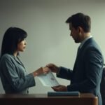 オフィス内で書類を確認しているカップルの画像