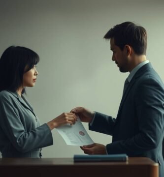 オフィス内で書類を確認しているカップルの画像