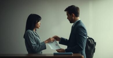 オフィス内で書類を確認しているカップルの画像