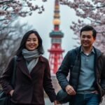 エッフェル塔を背景に幸せそうに歩くカップルの画像