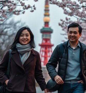 エッフェル塔を背景に幸せそうに歩くカップルの画像