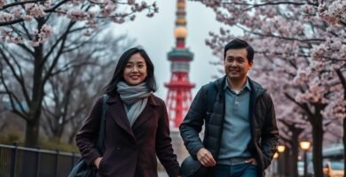 エッフェル塔を背景に幸せそうに歩くカップルの画像