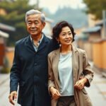 通りを歩きながら微笑む老夫婦の画像