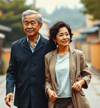 通りを歩きながら微笑む老夫婦の画像