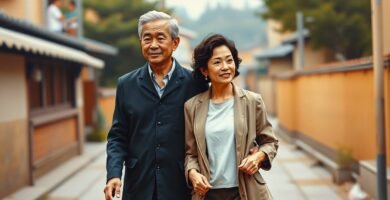 通りを歩きながら微笑む老夫婦の画像