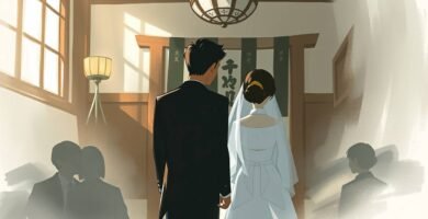 儀式を行う寺院の中にいるカップルの漫画画像。カップルは背を向け、結婚しようとしている。