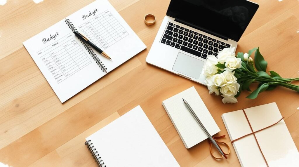 上から見た机のイメージ。ノートには英語で「Budget」と書かれており、鉛筆、花束、ノートパソコン、ハサミ、そして結婚指輪が置かれている。