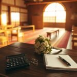 「日本の神社の内部の画像、西洋の教会の様式の装飾品と装飾、前景には白い花の花束、電卓、メモ帳が置かれたテーブルが見える。」