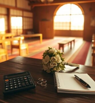 「日本の神社の内部の画像、西洋の教会の様式の装飾品と装飾、前景には白い花の花束、電卓、メモ帳が置かれたテーブルが見える。」