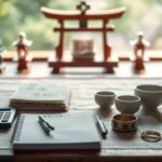 結婚式場の内部の画像で、テーブルにはノート、ペン、儀式用の盃、電卓、紙人形があり、背景には鳥居のような神社の要素のミニチュアが写っています。