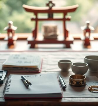 結婚式場の内部の画像で、テーブルにはノート、ペン、儀式用の盃、電卓、紙人形があり、背景には鳥居のような神社の要素のミニチュアが写っています。