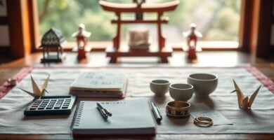 結婚式場の内部の画像で、テーブルにはノート、ペン、儀式用の盃、電卓、紙人形があり、背景には鳥居のような神社の要素のミニチュアが写っています。